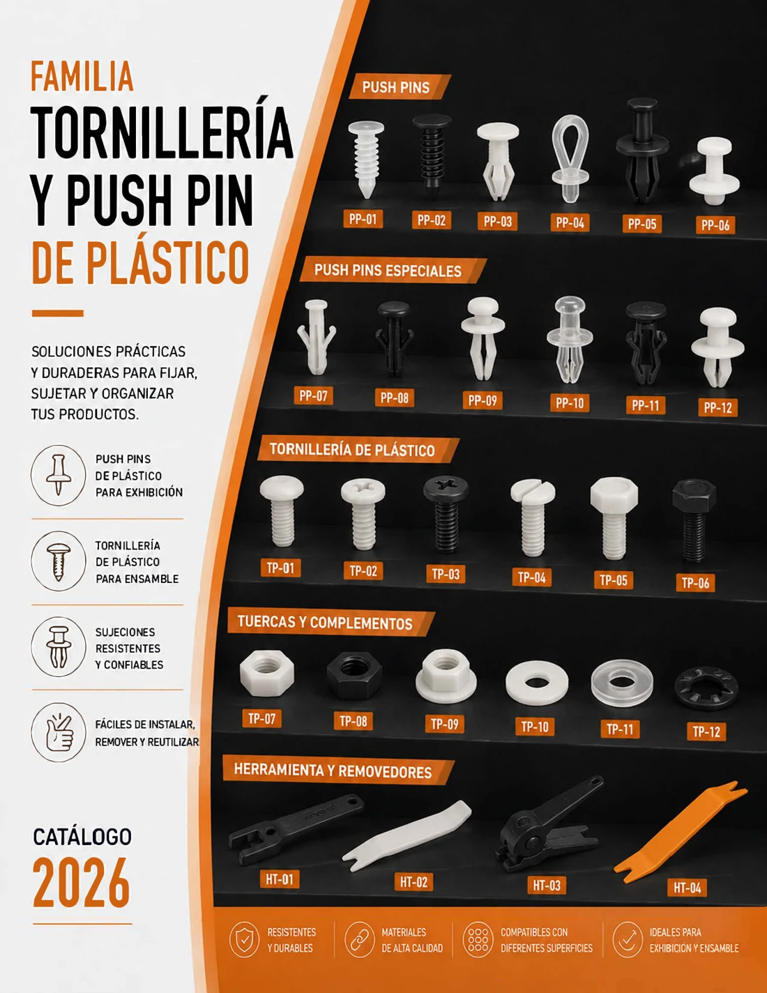 Tornillería y push pins: imagen del catálogo 2026